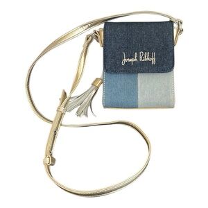 JOSEPH RIBKOFF Patchwork Denim & Metallic Gold Tassel Mini Crossbody Purse